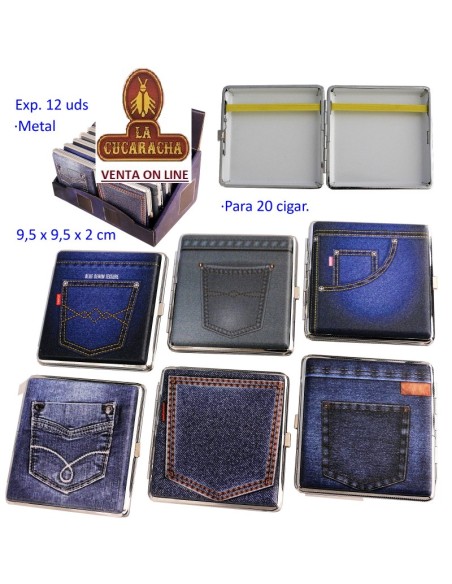 Expositor 12 pitilleras metal bolsillo vaquero para 20 cigarrillos.