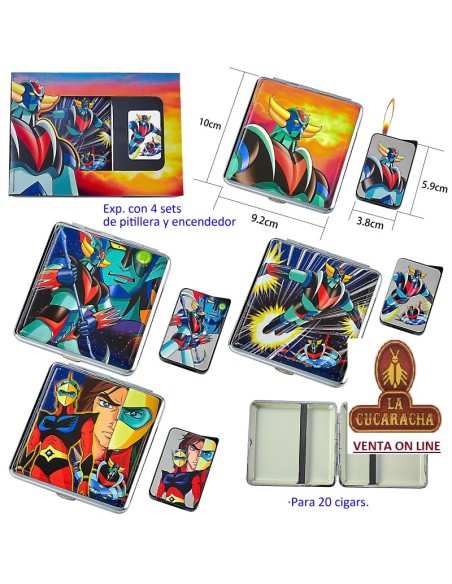 Caja 4 sets encendedor y pitillera para 20 cigarrillos.