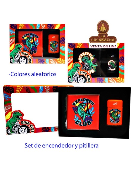 set encendedor y pitillera «Dino» colores aleatorios.