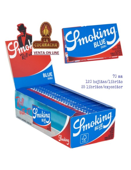 Caja 25 libritos 120 Hojas Papel Liar SMOKING BLUE 70mm. Doble ventana.