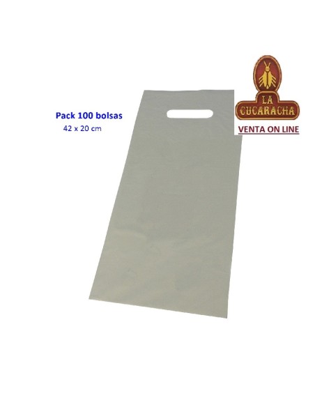 Caja 100 BOLSAS blancas plástico reciclado asa troquelada 20x42cm.