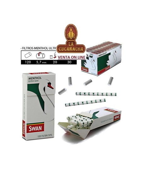 2 CAJAS 20 ESTUCHES 120 FILTROS SWAN PRECORTADOS FINOS MENTHOL.