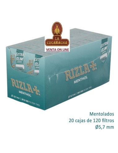 2 CAJAS 20 ESTUCHES 120 FILTROS RIZLA EXTRA FINOS PRECORTADOS MENTHOL.