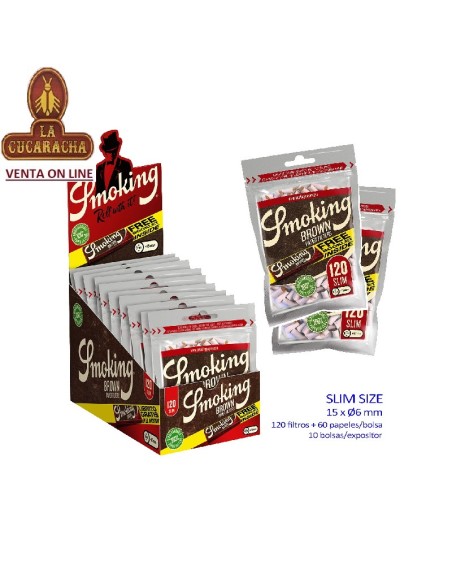 SMOKING-2 CAJAS 10 BOLSAS 120 FILTROS FINOS MAS LIBRITO PAPEL Brown.