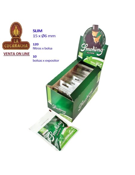 2 CAJAS 10 BOLSAS 120 FILTROS SMOKING FINOS MENTHOL.