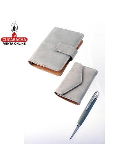 JUEGO BOLIGRAFO-TARJETERO-BLOC NOTAS SIMIL PIEL MARFIL.