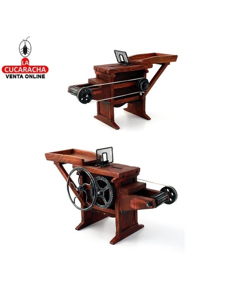 Maquina separadora grano decorativa madera y metal envejecido.