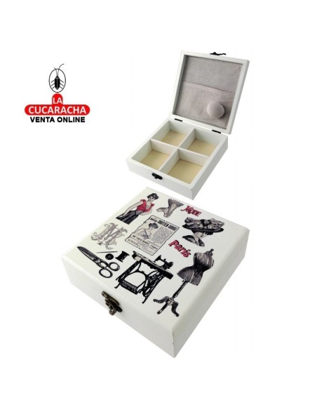 Joyero caja costura madera decorada.