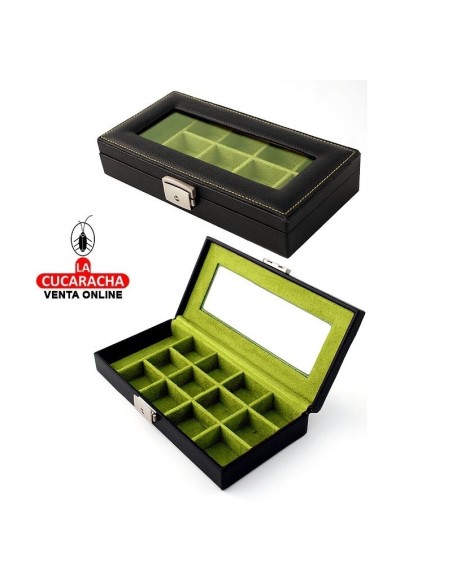 Joyero gemelos negro antelina verde 13 huecos.