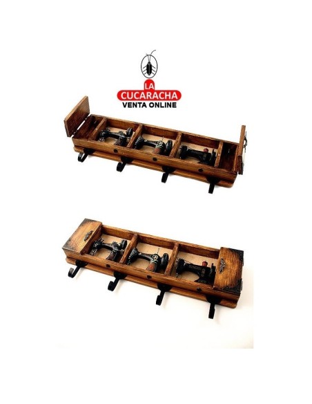 Perchero guardallaves madera decorado 3 máquina coser Singer miniatura.