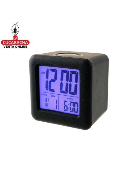 Reloj despertador cuadrado negro.
