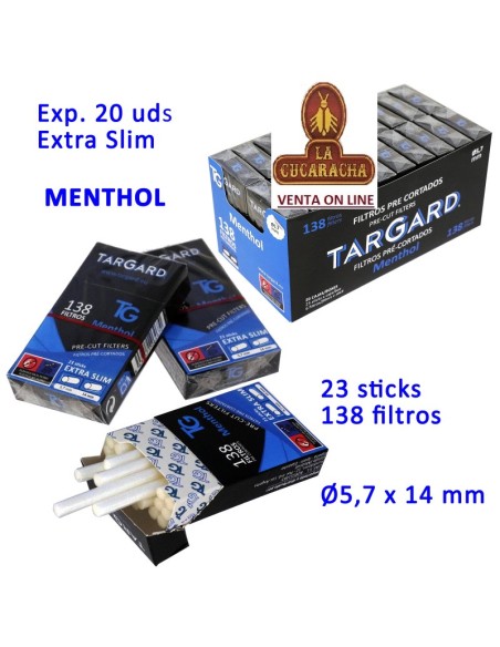CAJAS 20 ESTUCHES 138 FILTROS TARGARD MENTOLADOS PRECORTADOS extra finos.