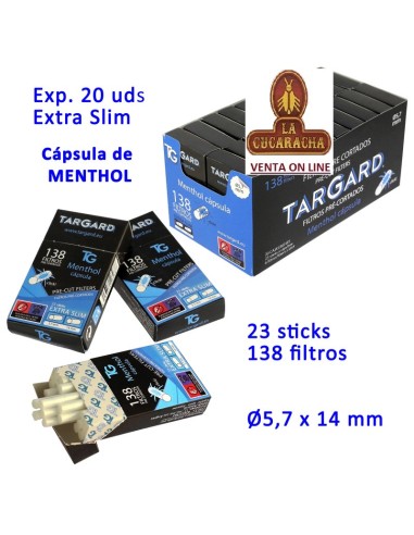 CAJA 20 ESTUCHES 138 FILTROS TARGARD CAPSULA MENTOL PRECORTADOS extra finos.
