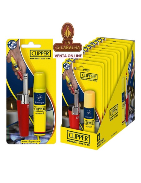 CLIPPER PIEZO-EXPOSITOR 12 encendedores piezoeléctricos «MINI TUBE SOLID» Y GAS 16ML.