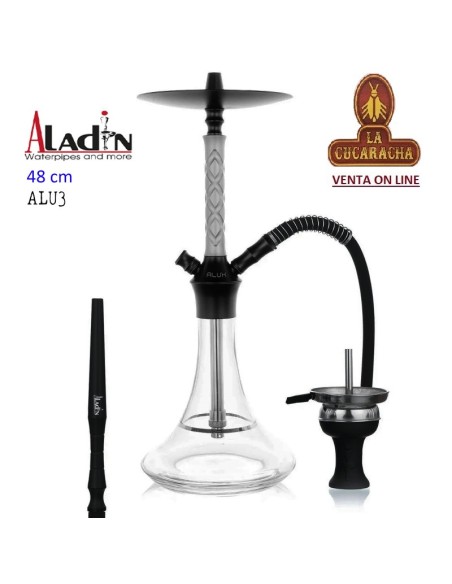 ALADIN-Cachimba-Shisha-Narguile 48CM-ALU3 aluminio negro-plata cristal transparente.