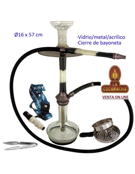 Cachimba-Shisha-Narguile 57cm. aluminio blanco-negro cristal transparente.