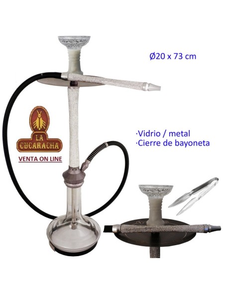 Cachimba-Shisha-Narguile 73cm. aluminio blanca cristal transparente.