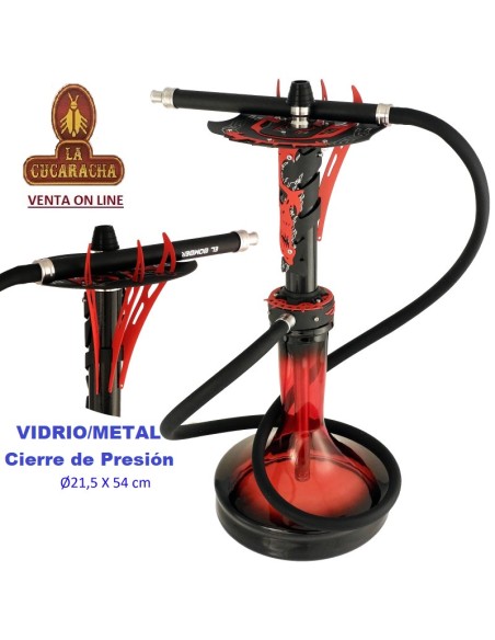 EL BOMBER-Cachimba-Shisha-Narguile 54cm. acero inox roja-negro cristal transparente.