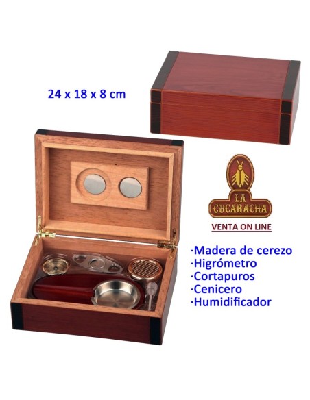 Humidor puros madera cerezo higrómetro, cortapuros, cenicero y humidificador.